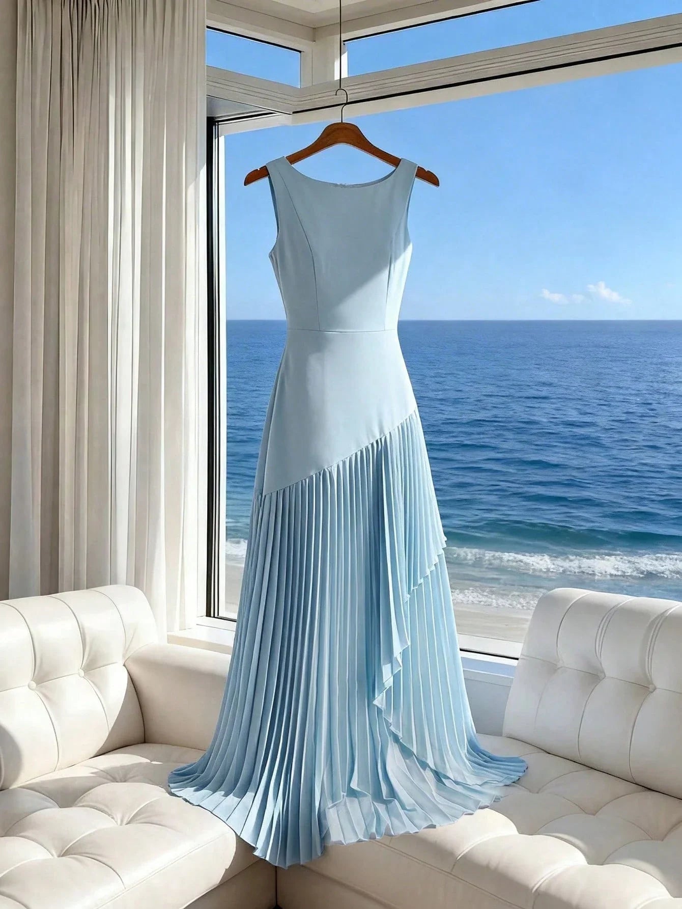 Elegant Light Blue Sleeveless Round Neck Pleated A-Line Floor Length Dress For Women