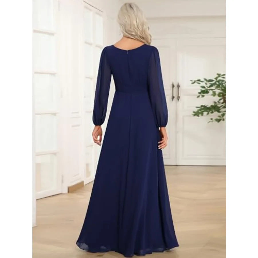 Ever-Pretty Women's Crewneck Long Lantern Sleeves Floor Length A-Line Pleated Chiffon Formal Dress 0B