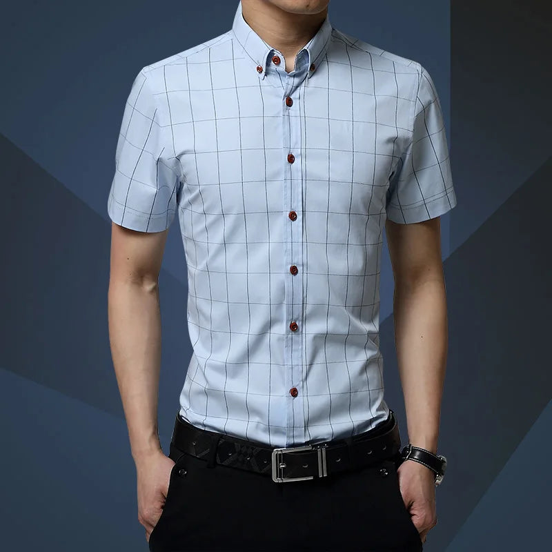 BROWON Men Plaid Short Sleeve Business Casual Shirt
