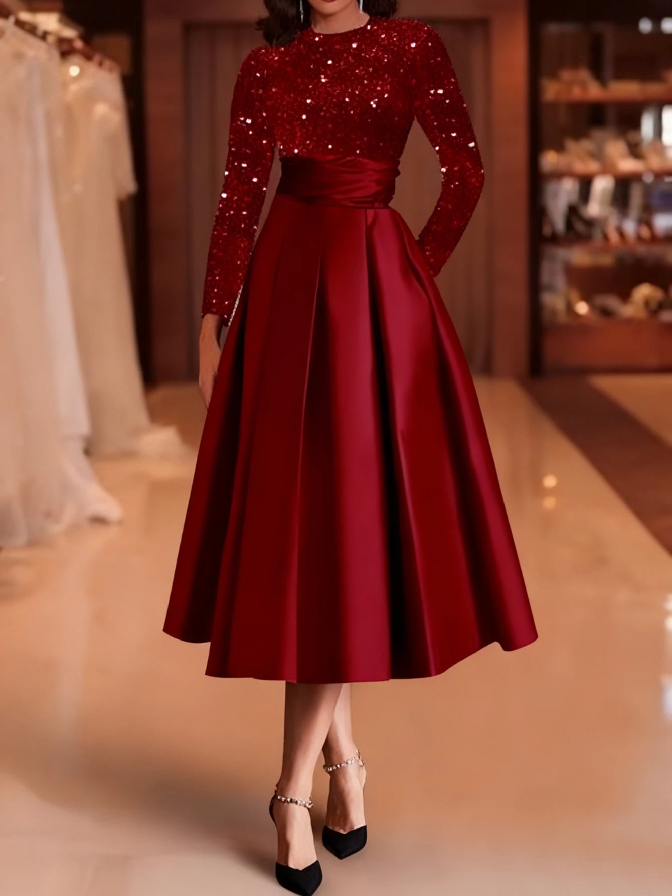 Women's Crew Neck Long Sleeve Sequin Patch Tie Flowy Midi Dress For Wedding Guest Banquet Evening Party Fashion Occasions