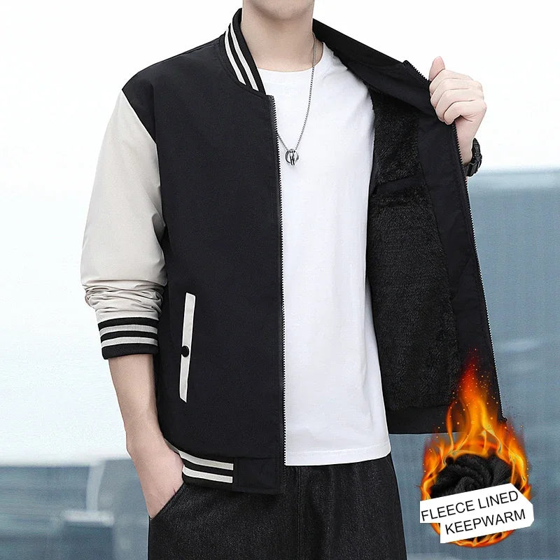 BROWON 2026 Autumn Winter Coats Men Jacket Fleece Lined Stand Collar Patchwork Baseball Jacket Men Casual Outwear Clothes Men
