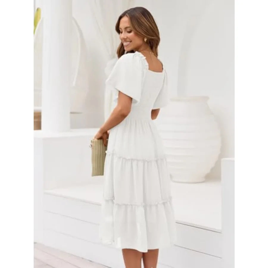 LILLUSORY Women's Summer Casual Flutter Sleeve Square Neck Smocked Midi Dress