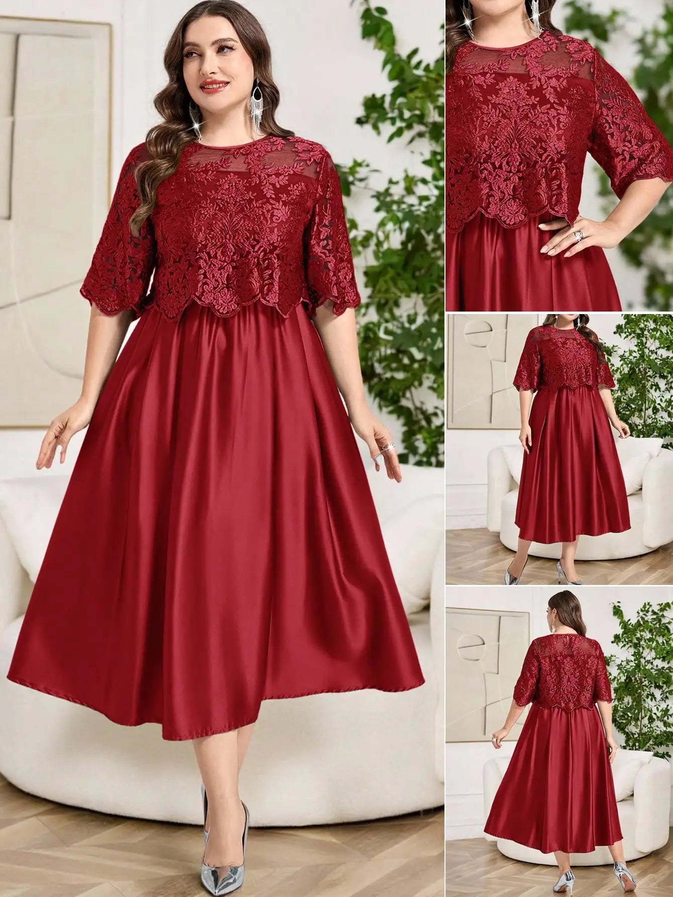 Plus Size Floral Embroidery Elegant Round Neck Midi Dress For Spring Summer
