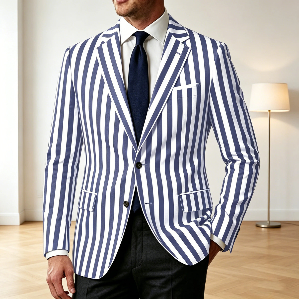 Men's Vertical Striped Blazer Slim Fit Single Breasted Casual Business Sport Coat Lightweight Formal Jacket For Office Wedding