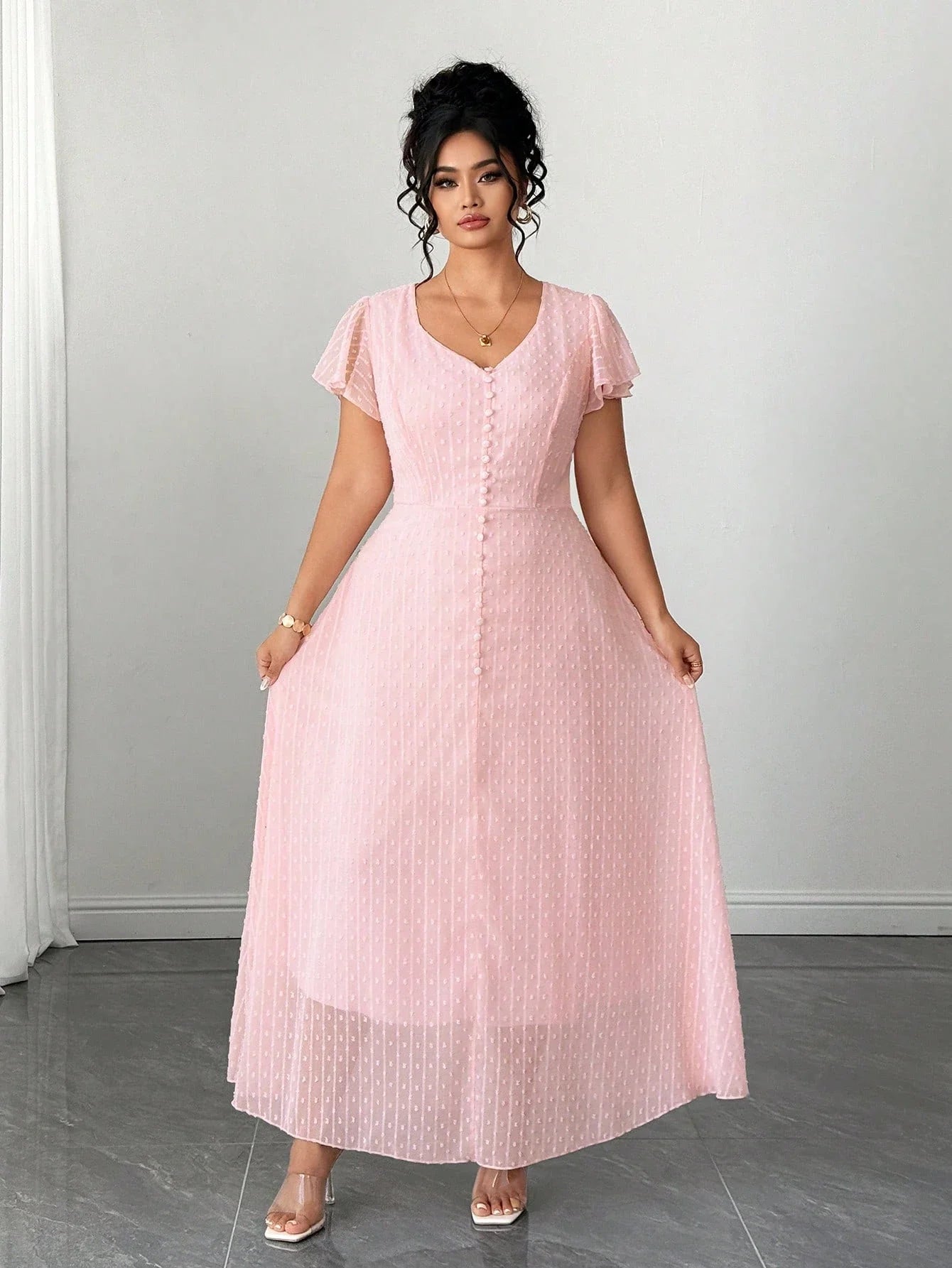 V-Neck Ruffle Sleeve A-Line Midi Dress For Women Spring Autumn