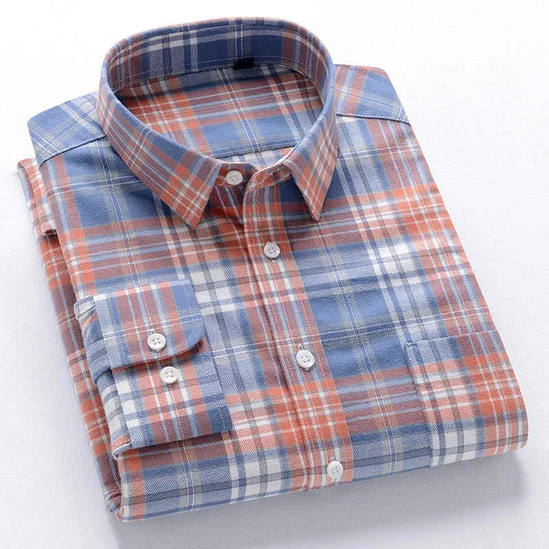 BROWON Men Cotton Plaid Shirt Long Sleeve Slim Fit Business