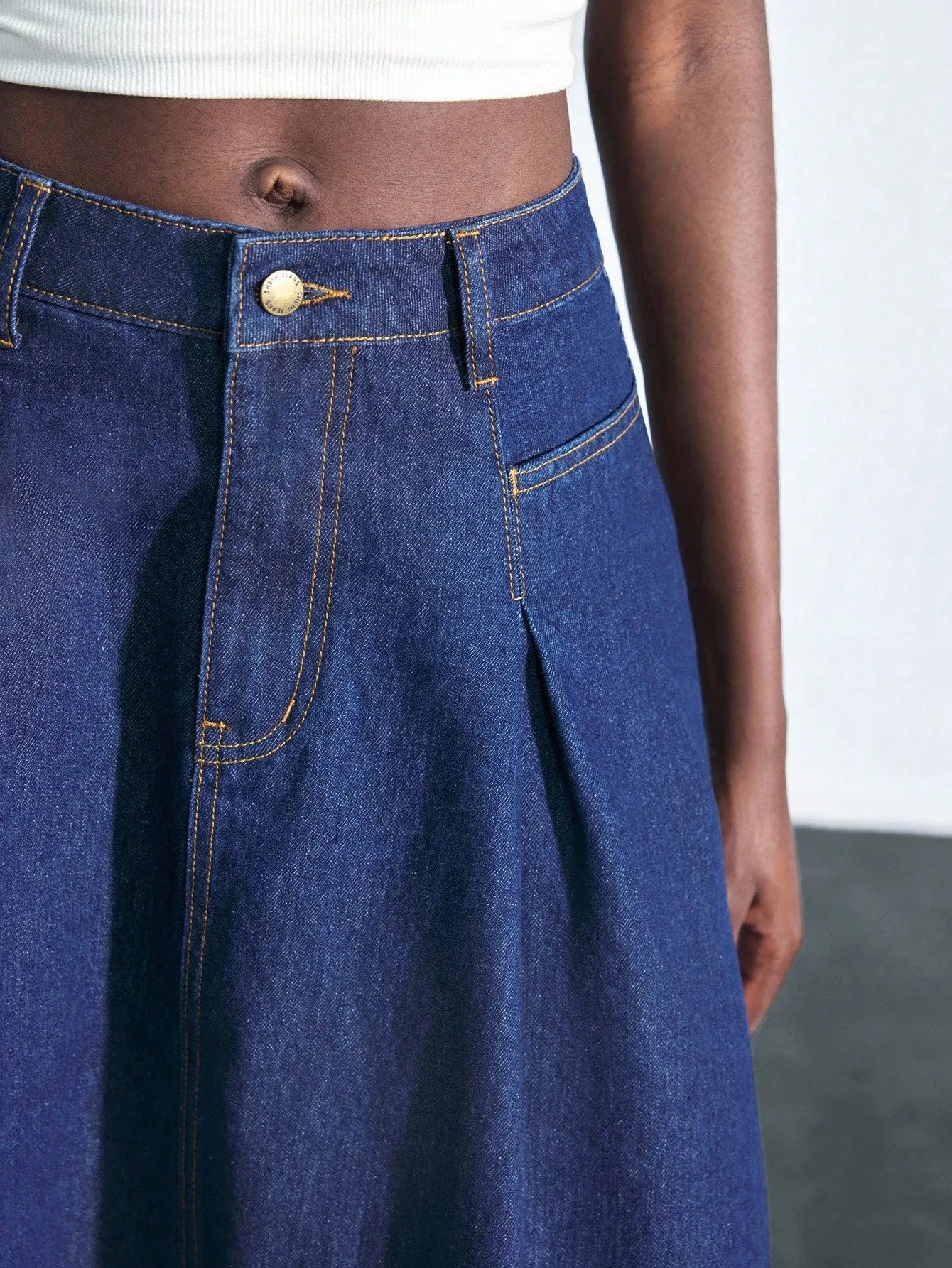 Women's Blue Denim A-Line Midi Skirt with Pocket, Low Waist, 90% Cotton