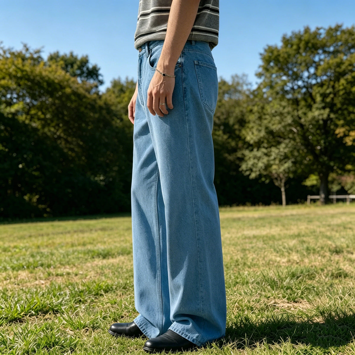 Men's Denim Straight Pants High Waist Pleated Casual Trousers Business Formal Breathable Loose Fit Wide Leg Suit Pants Summer