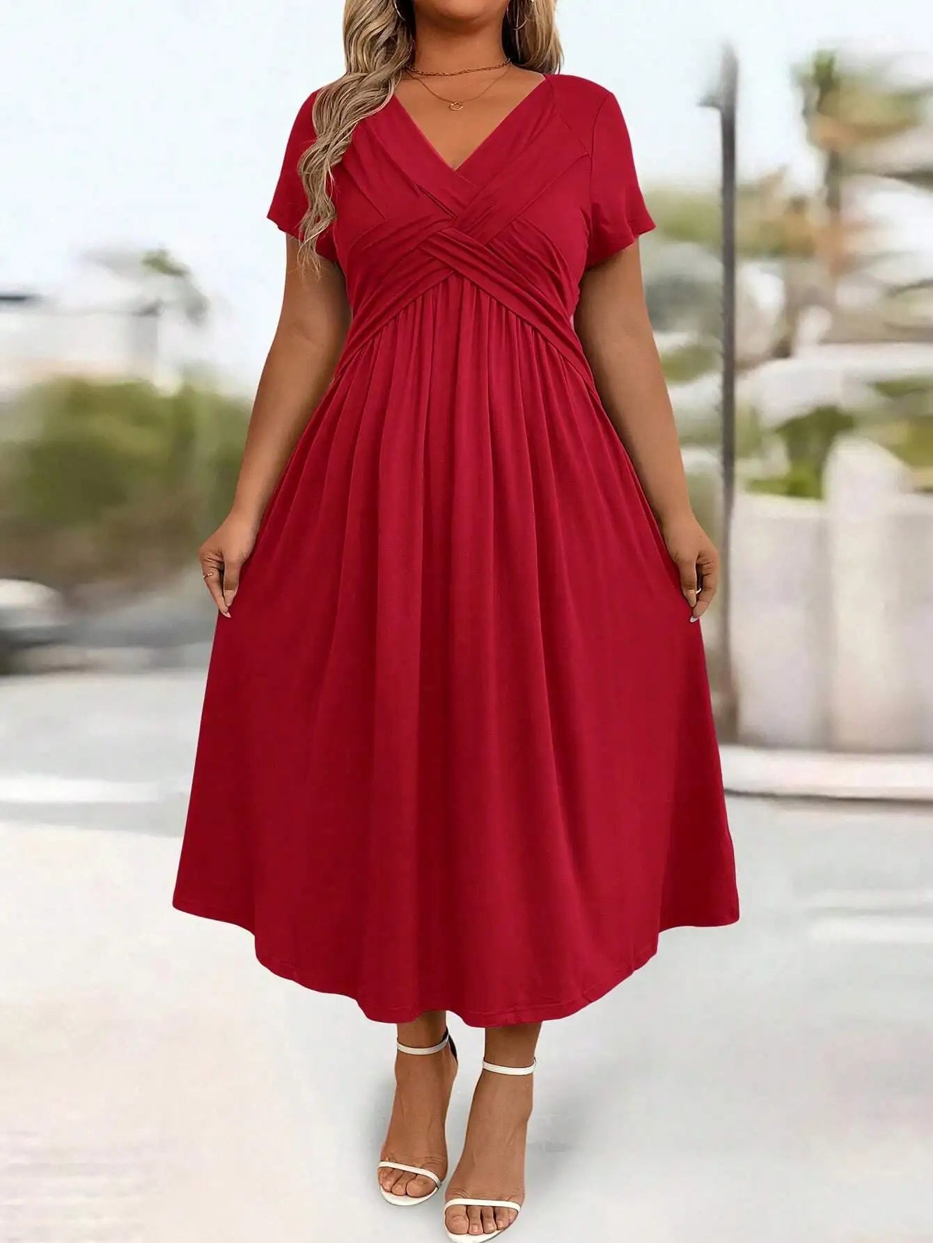 Casual Solid Color Twist Front A-Line Midi Dress For Women