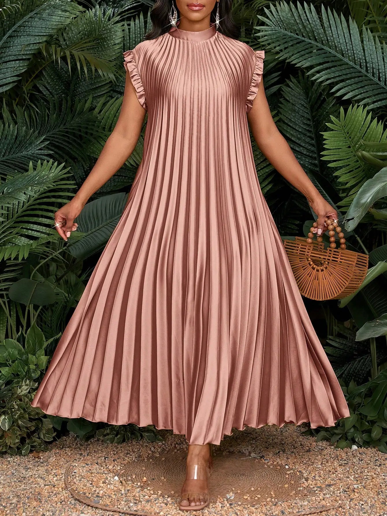 Pleated A-Line Maxi Dress With Stand Collar And Ruffle Cap Sleeves For Party Wedding Beach Event