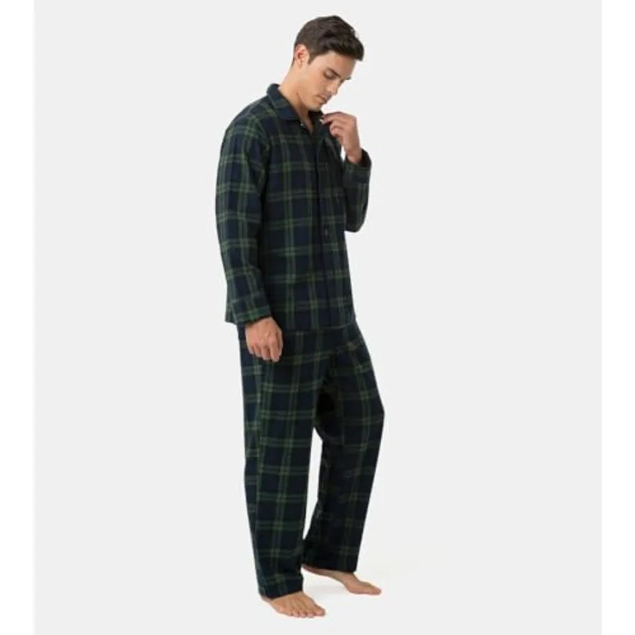 Men's Pajama Set 100% Cotton Flannel Top Long Sleeve and Bottom Pants Plaid Sleepwear PJ Sleepwear Lounge Comfy M79/M95