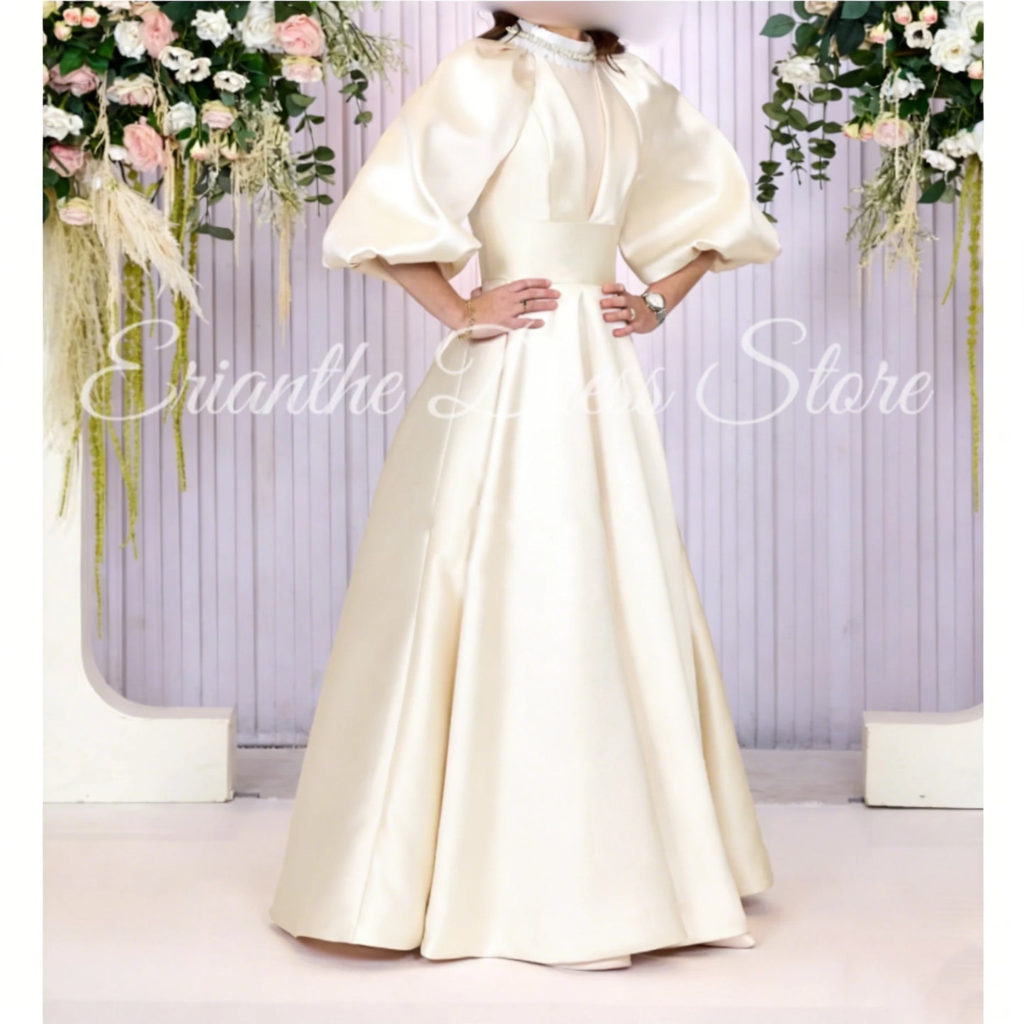 Pink Satin Bridesmaid DressSleeve Satin For Women Balloon Sleeve A-line Round Neck Birthday Party Evening Ball Gown Customized