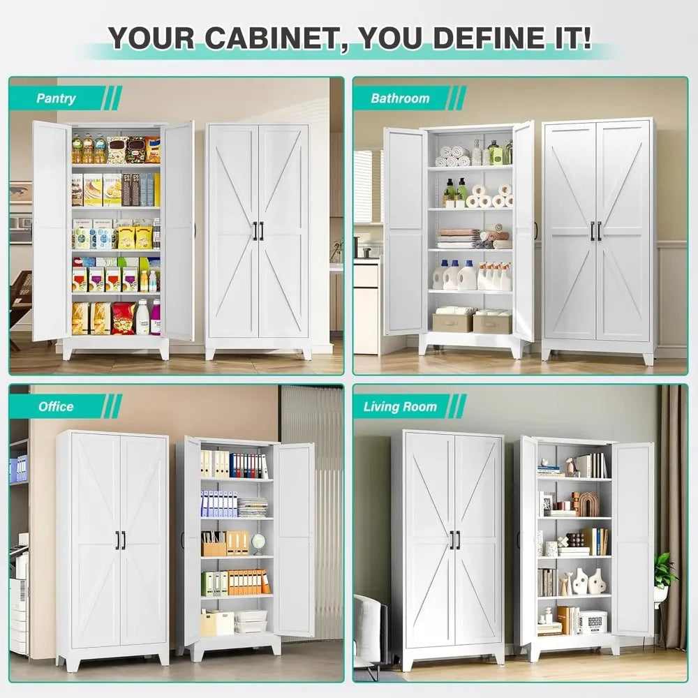 72" Tall Pantry Storage Cabinet with 2 Doors 5 Shelves Farmhouse White Cupboard for Kitchen Bathroom Living Room, Custom
