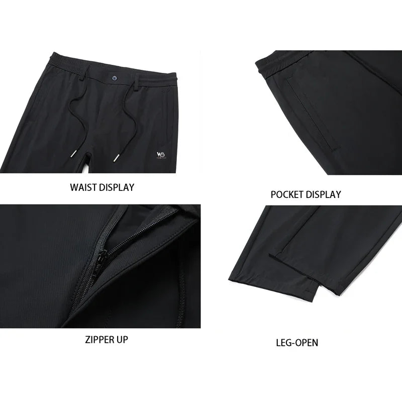 BROWON Black Pants Men 2026 Summer New Ice Silk Sports Casual Pants Thin Breathable Elastic Solid Color Mid Straight Trousers