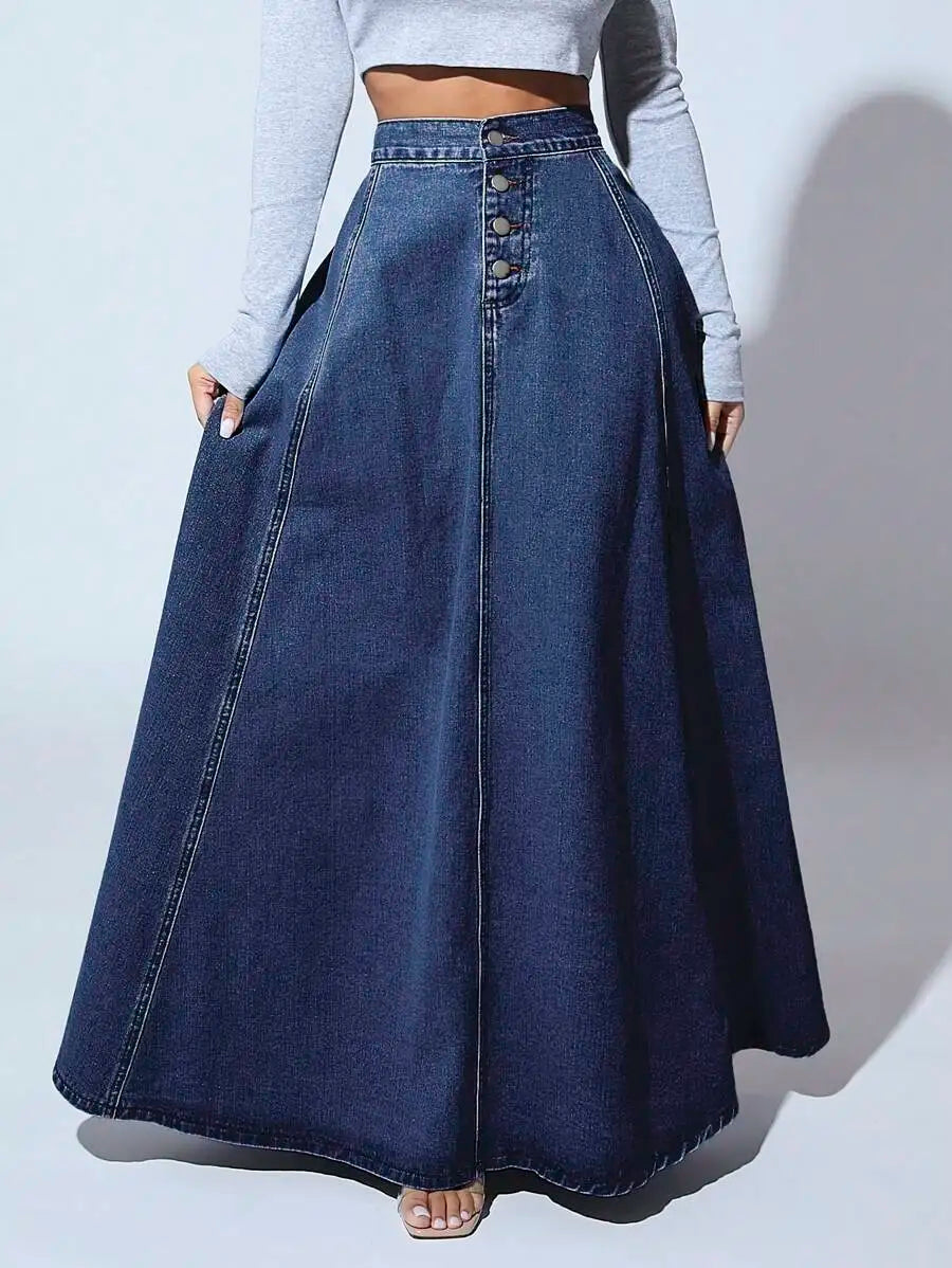 Front Button High-Waisted Denim Maxi Skirt for Women