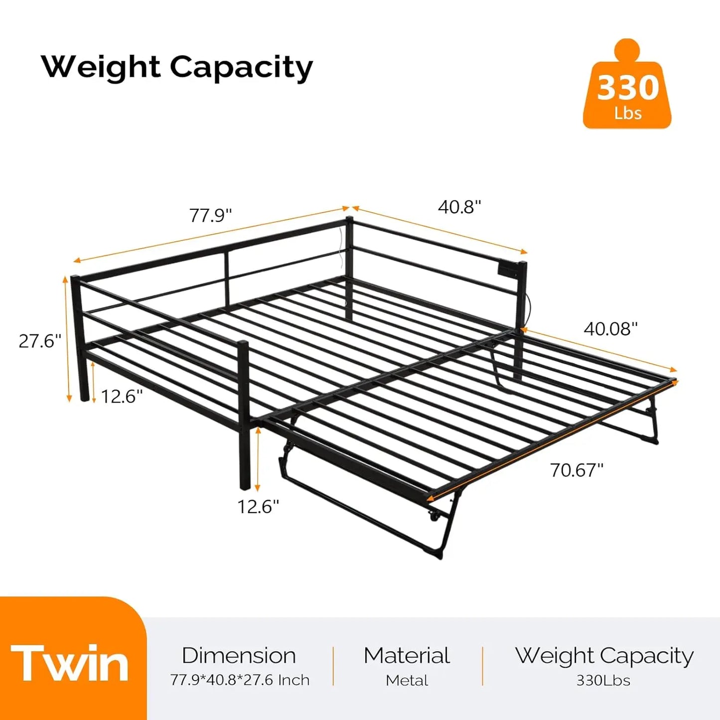 Metal Twin Daybed with Pop Up Trundle Bed, Day Bed Frame with Charging Station and LED Lights for Living Room Guest, Customized
