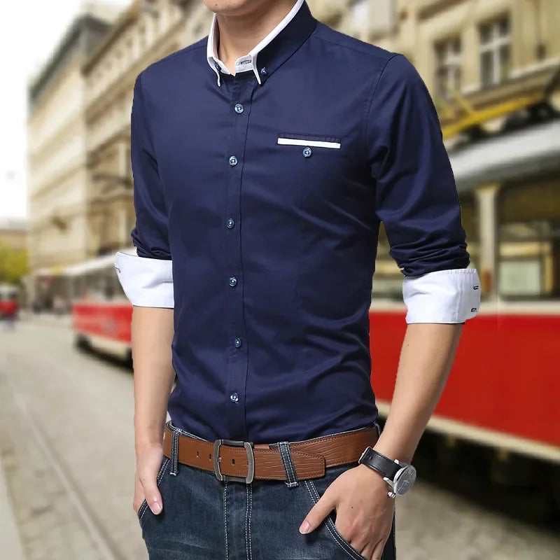 2026 New Arrival Men Casual Business Shirt Long Sleeve Korean Style Solid Color Cotton Mens Shirt Turn Down Collar Shirt for Men