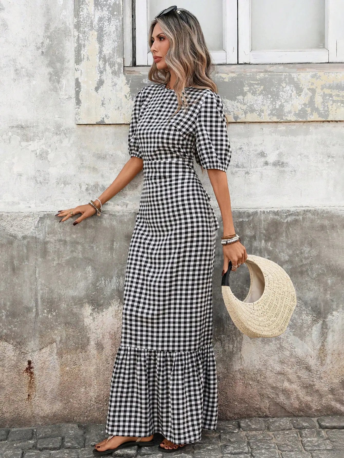 Women's Gingham Puff Sleeve Open Back Bow Tie Waist Cinching Ruffled Hem Midi Dress