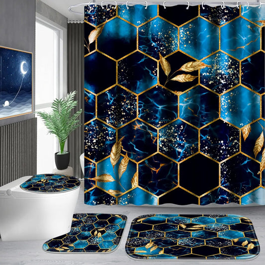 Shower Curtain Set With Bath Mat And U Shape Toilet Lid Cover