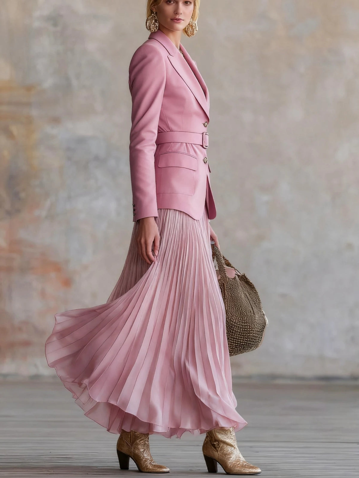 Women Two Piece Notched Lapel Blazer with Pleated Skirt Suit