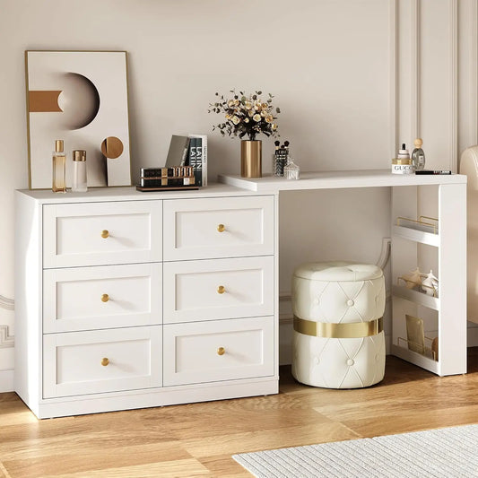 Vanity Desk and Dresser Combo, 67" L Extendable Big Makeup Vainty with 6 Drawer Dresser and 3 Side Shelves, Wood, Customized