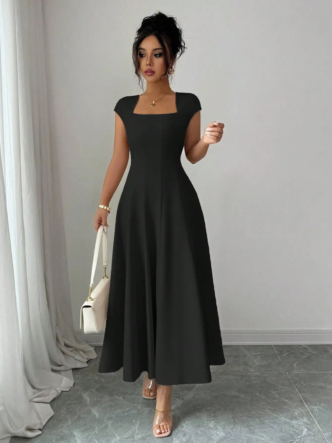 Elegant Solid Color Square Neck Short Sleeve A-Line Midi Dress For Women