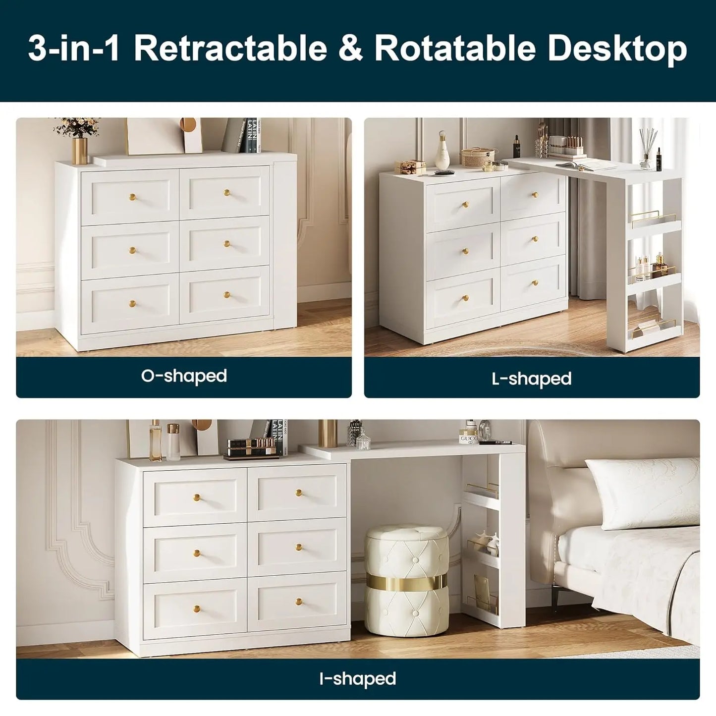 Vanity Desk and Dresser Combo, 67" L Extendable Big Makeup Vainty with 6 Drawer Dresser and 3 Side Shelves, Wood, Customized