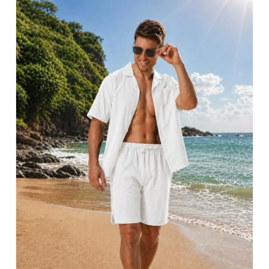 DAVID ARCHY Mens Pajamas Set, Breathable Cruise Vacation Outfit, Short Sleeve Shirt and Shorts, Summer Beach Loungewear