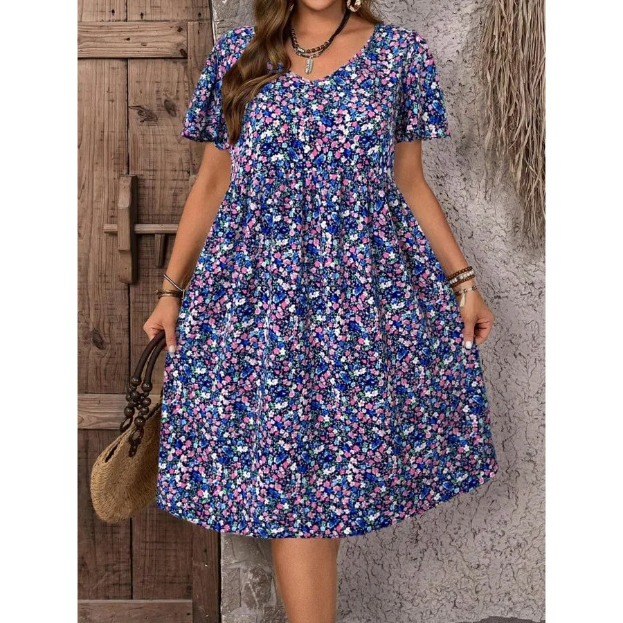 Ditsy Floral Round Neck Short Sleeve Ruffle Dress For Women