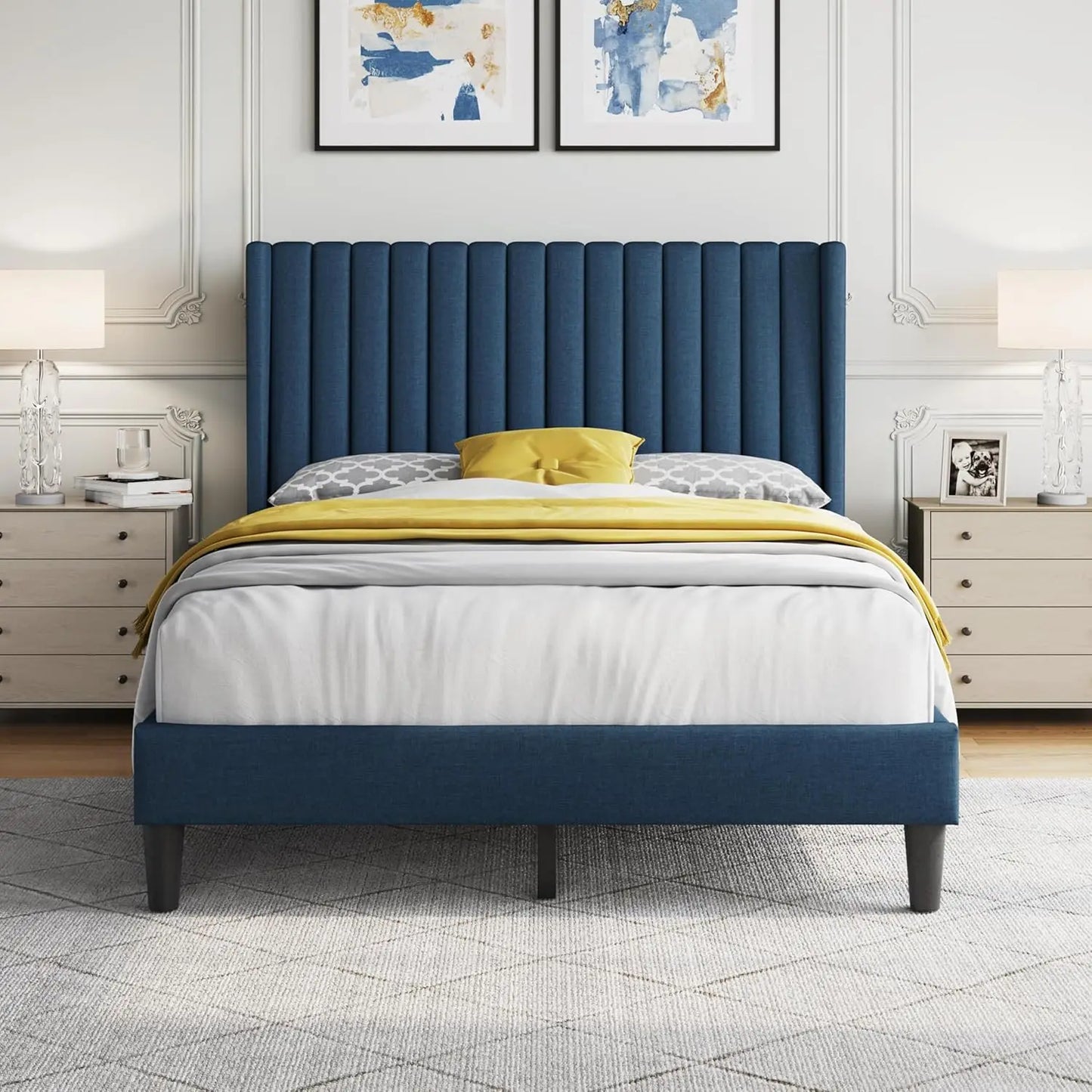 Full Bed Frame Upholstered Platform Bed with Fabric Headboard, Wing Edge Design/Non-Slip and Noise-Free/Wooden, Customized
