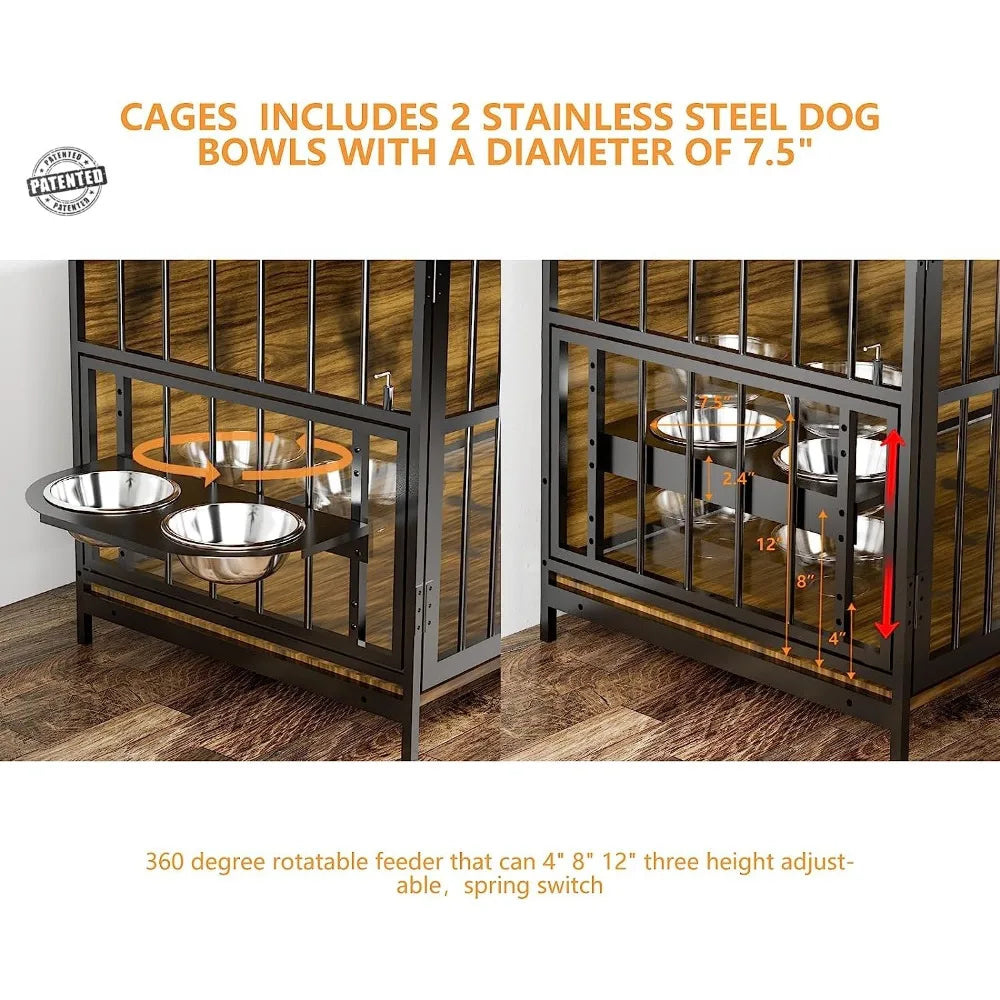 Large Dog Crate 360° Adjustable Raised Feeder Stainless Steel Bowls End Table Indoor 41x24x36 Brown, Custom