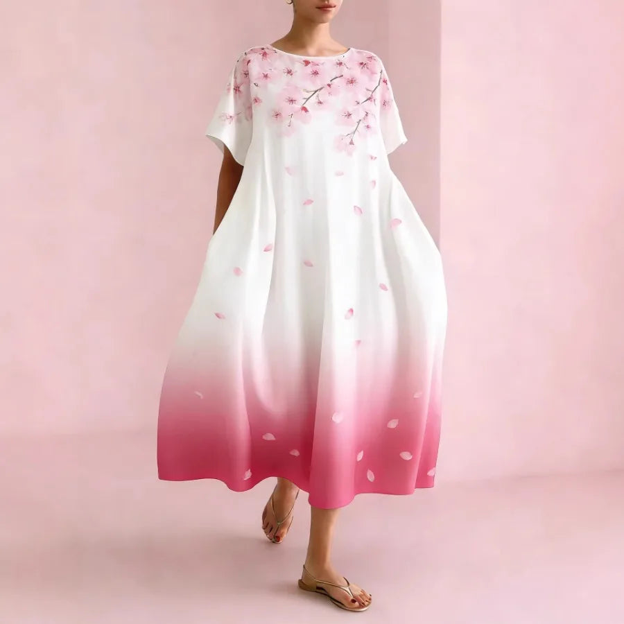 2026 European and American vacation style hit watercolor flower print dress loose mid-length dress