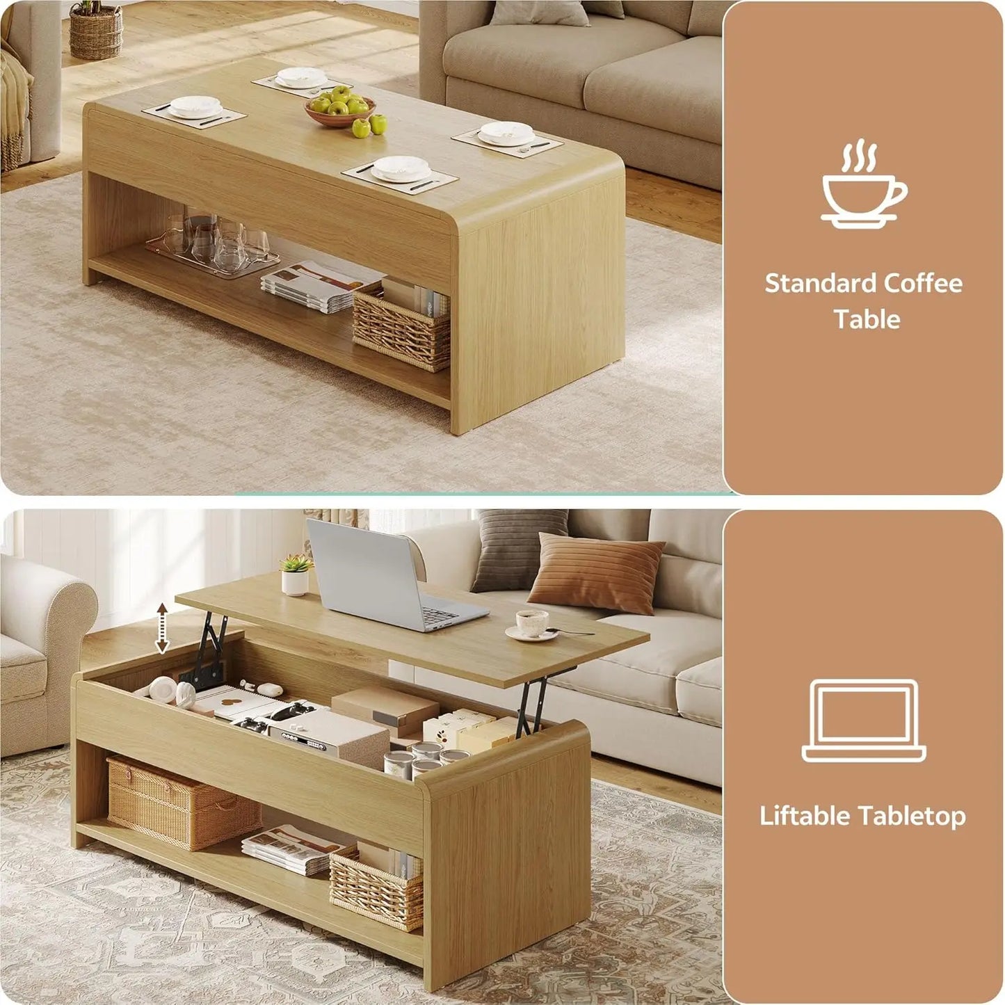 Lift Top Coffee Table, 35'' Multi-Function Coffee Table With Hidden Compartment & Open Shelf, Curved Profile Design, Converts To