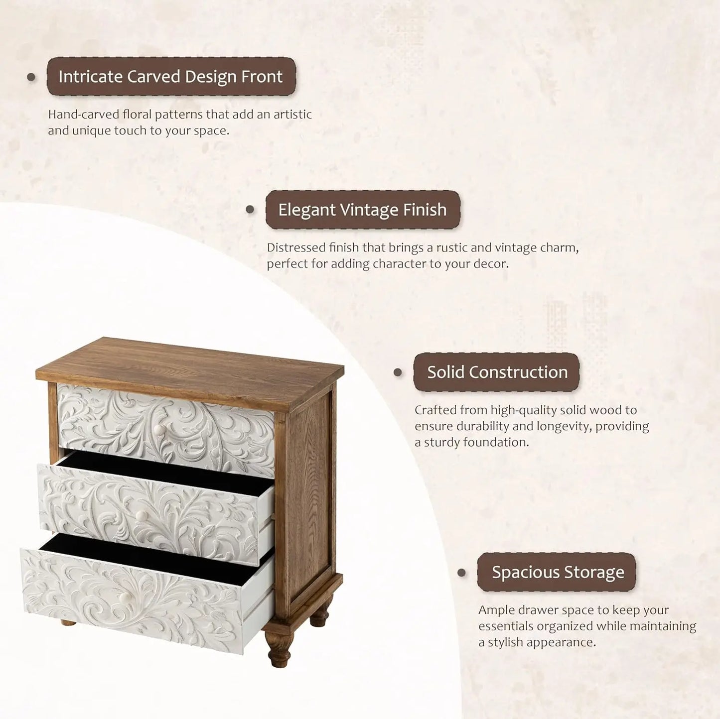 3 Drawer Farmhouse Dresser with Embossed Weathered Flower Motif, Vintage Nightstand for Bedroom, Almost, Customized