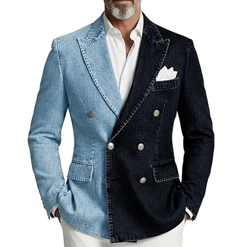 Denim Men's Suit Jacket Double Breasted Peak Lapel Slim Fit Casual Blazer Outing Date Night Trendy Party Fashion Costume Homme