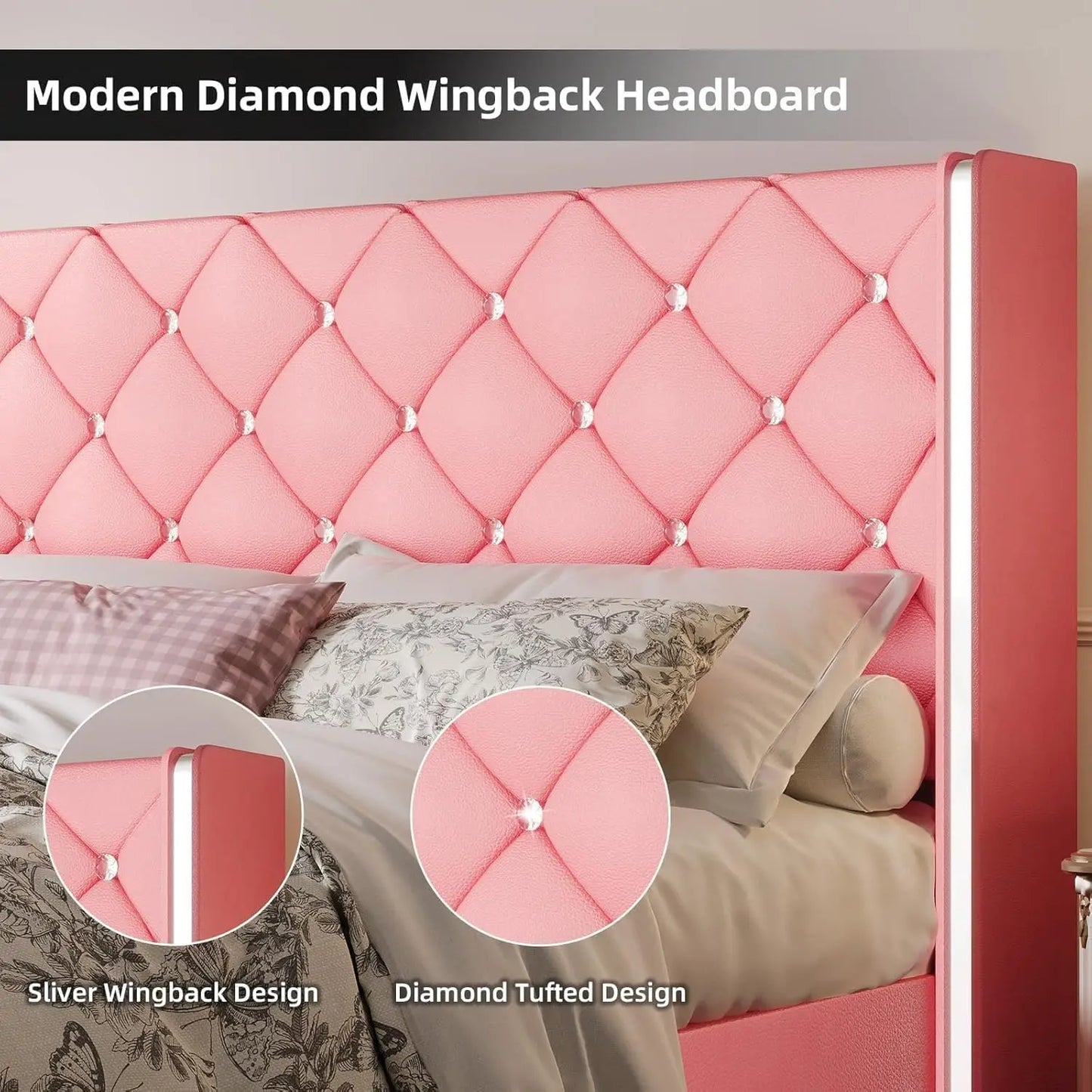 Queen Bed Frame with Headboard, Upholstered Queen Size Bed Frame with Diamond Tufted Wingback Headboard, Faux, Customized