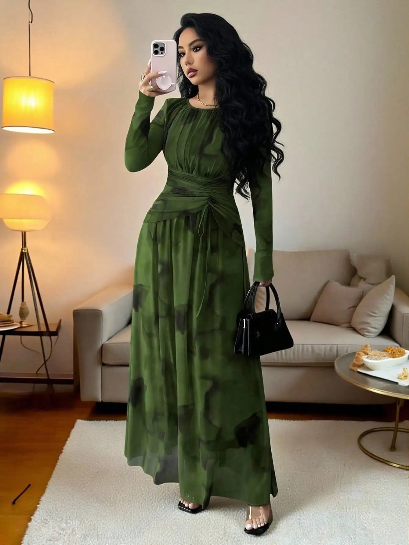 Elegant Floral Print Long Sleeve Maxi Dress With Drawstring Waist