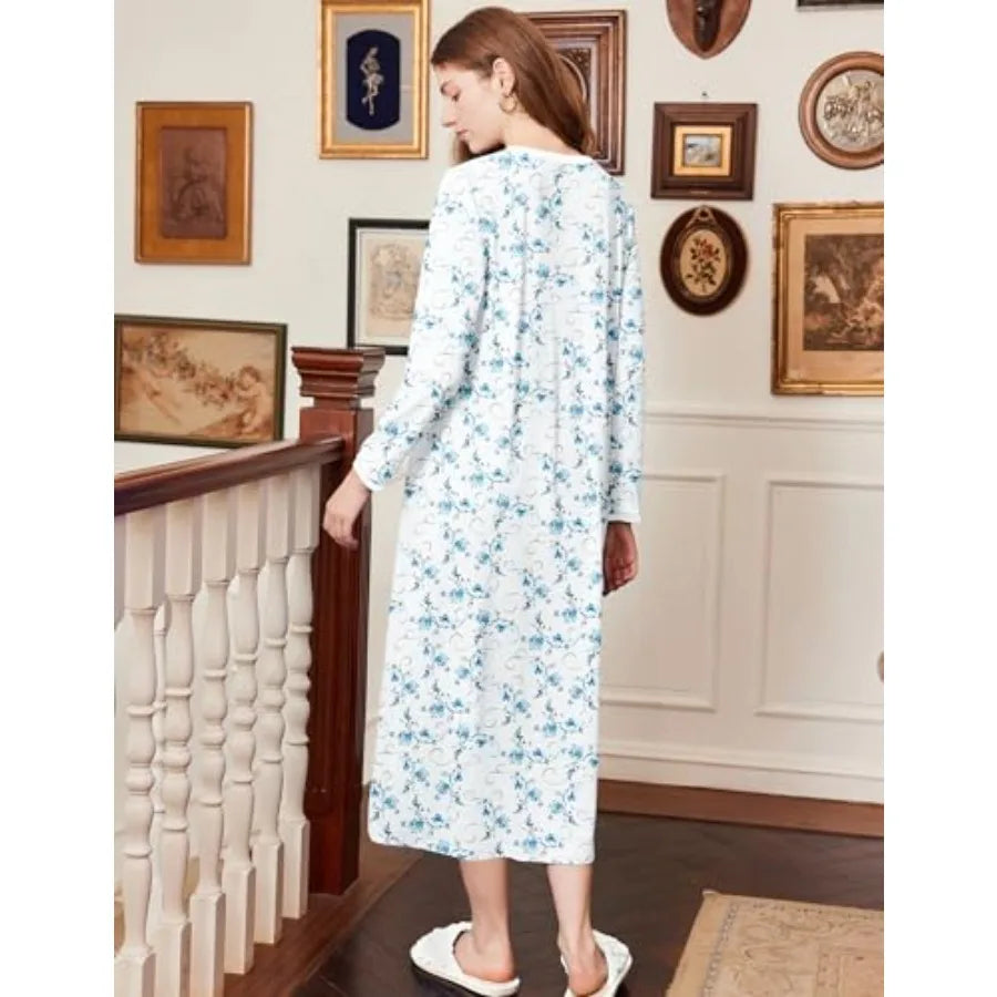 Ekouaer Cotton Nightgowns for Women Long Sleeve Nightgown Full Length Night Gown Soft Comfy Nightdress Button Sleep Shirts