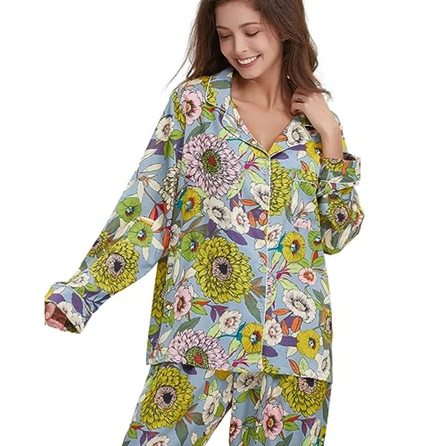 YiNi LuLu Womens Silk Satin Pajamas Set Button Down 2 Pcs Pjs Long Sleeve Oversized Sleepwear with Pockets
