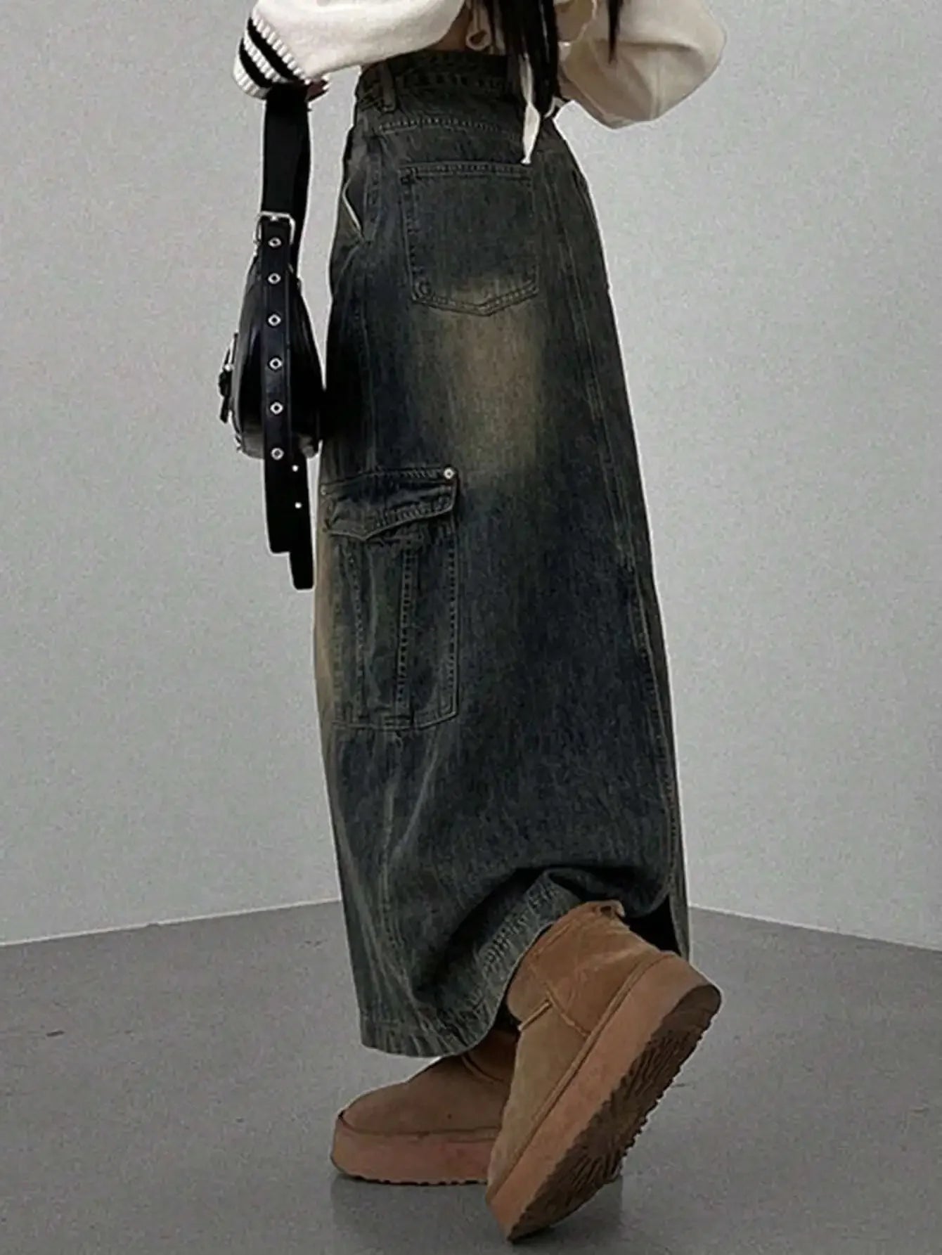Women's Distressed Cargo Pocket Denim Maxi Skirt, Loose Fit, Fall Winter