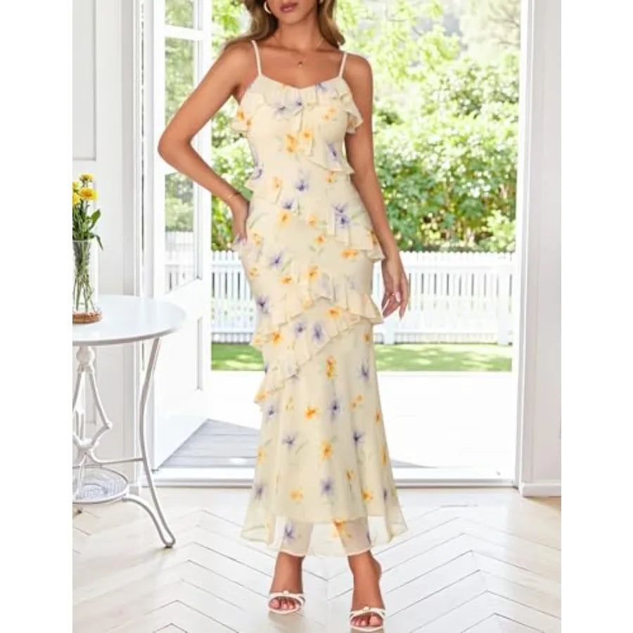 MEROKEETY Summer Floral Wedding Guest Maxi Dress Women 2026 Vacation Formal Bodycon Spaghetti Strap Cocktail Party Long Dress