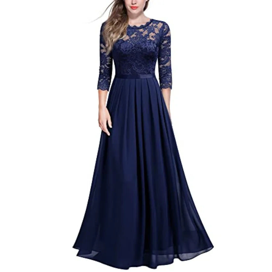 Women's Elegant Floral Lace 3/4 Sleeve Bridesmaid Formal Maxi Dress