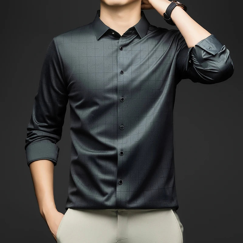 BROWON Plaid Shirt Men Long Sleeves 2026 Spring and Autumn Mulberry Silk Business Dress Shirt Man Casual Party Elegant Men Shirt