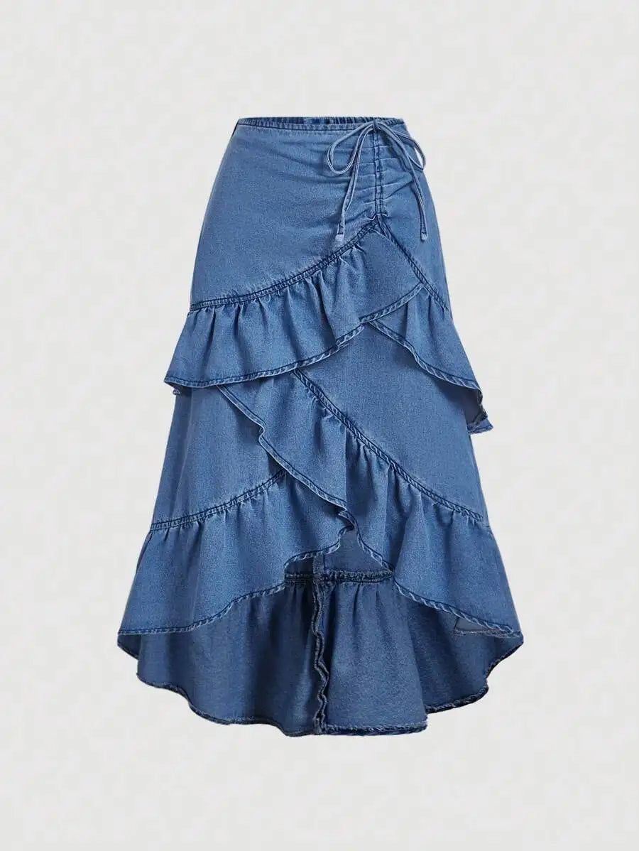 Women's Denim Skirt with Tiered Ruffles and Drawstring Waist