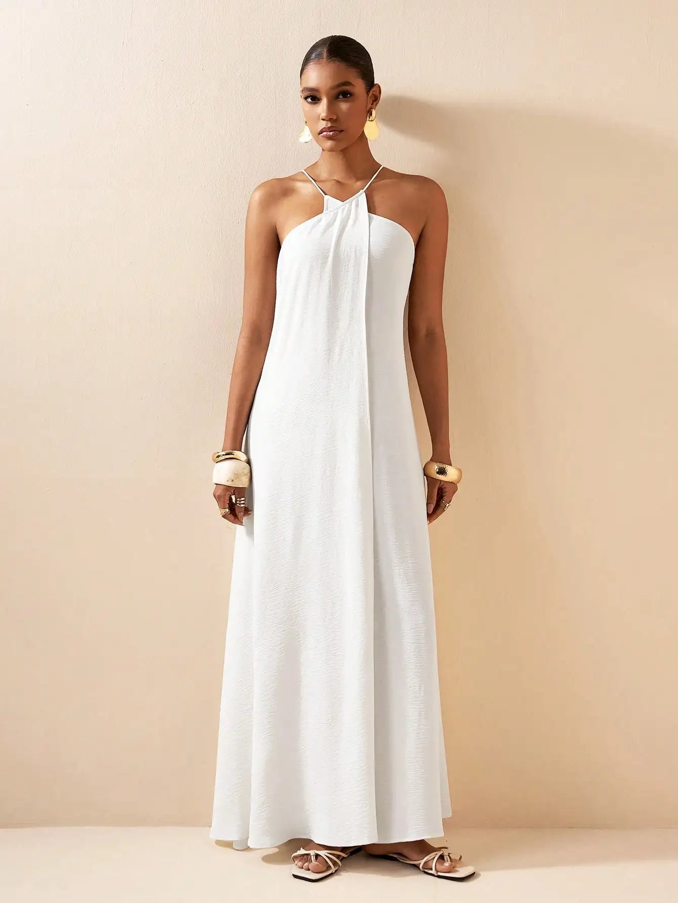 Boho Solid White Linen A-Line Backless Halter Long Dress For Vacation Beach Wedding