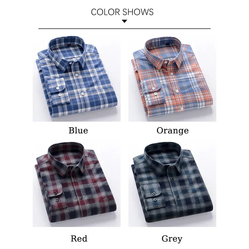 BROWON Men Cotton Plaid Shirt Long Sleeve Slim Fit Business