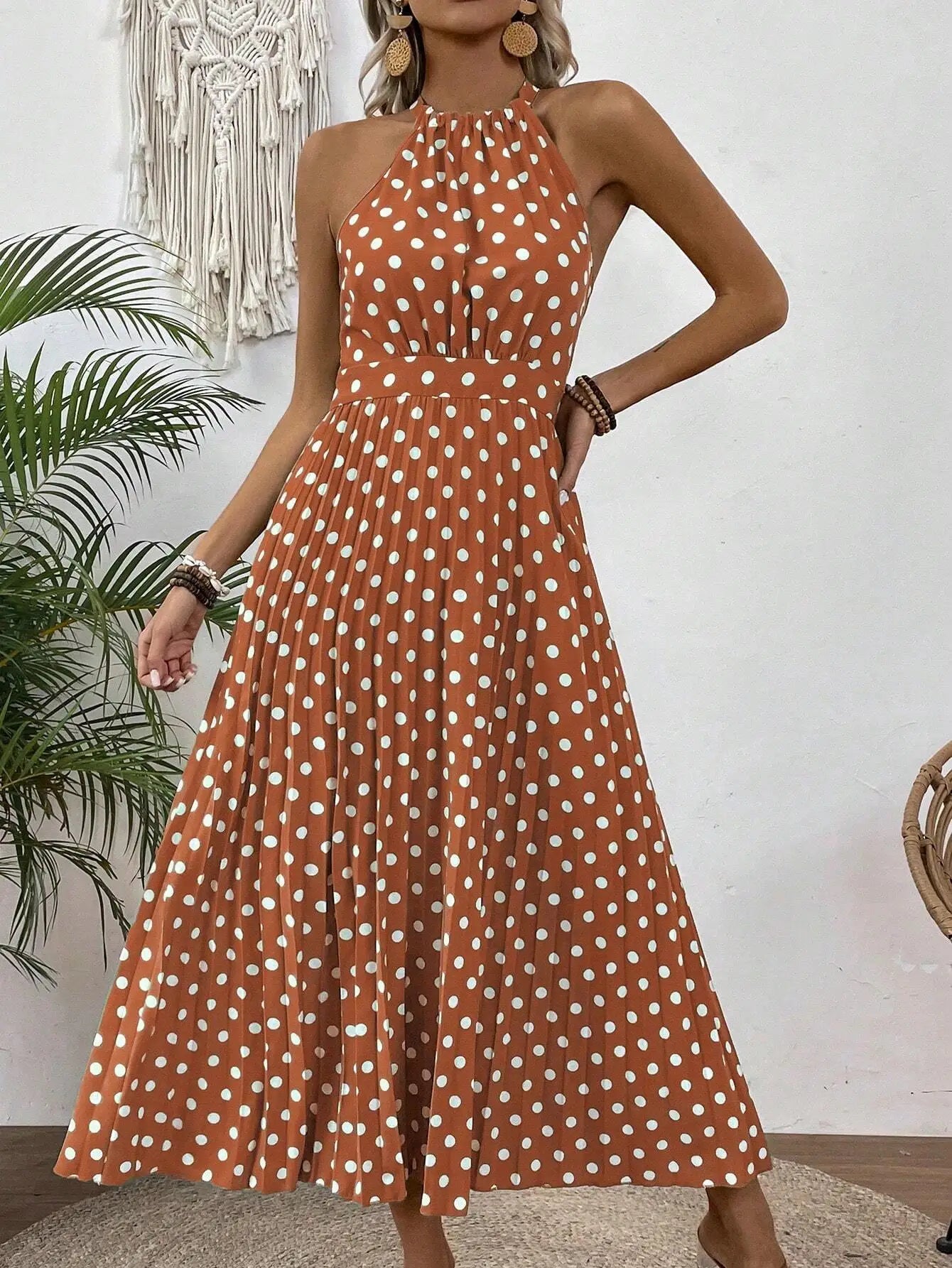 Women Polka Dot Halter Sleeveless Pleated Maxi Dress Beach Vacation Outfit
