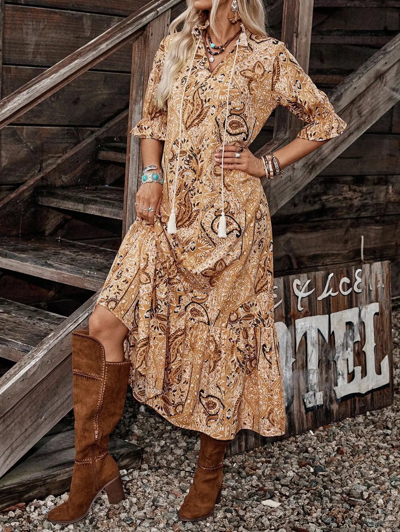 Bohemian Printed Mid-Sleeve Dress With Tassel Tie Neck Ruffle Hem Loose Maxi Dress