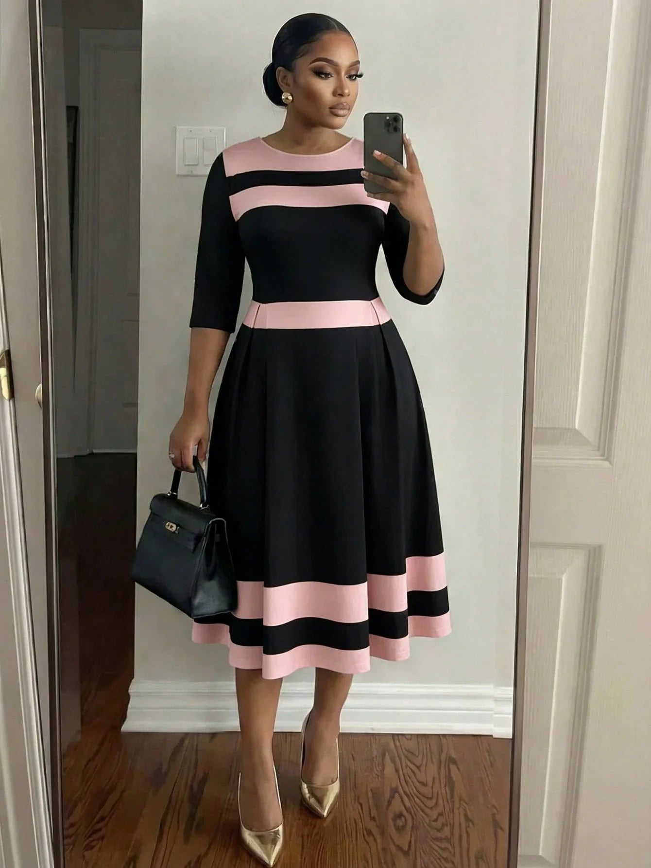 Elegant Color Block Striped Midi Dress Knee Length Black And Pink Women Spring Summer Outfit