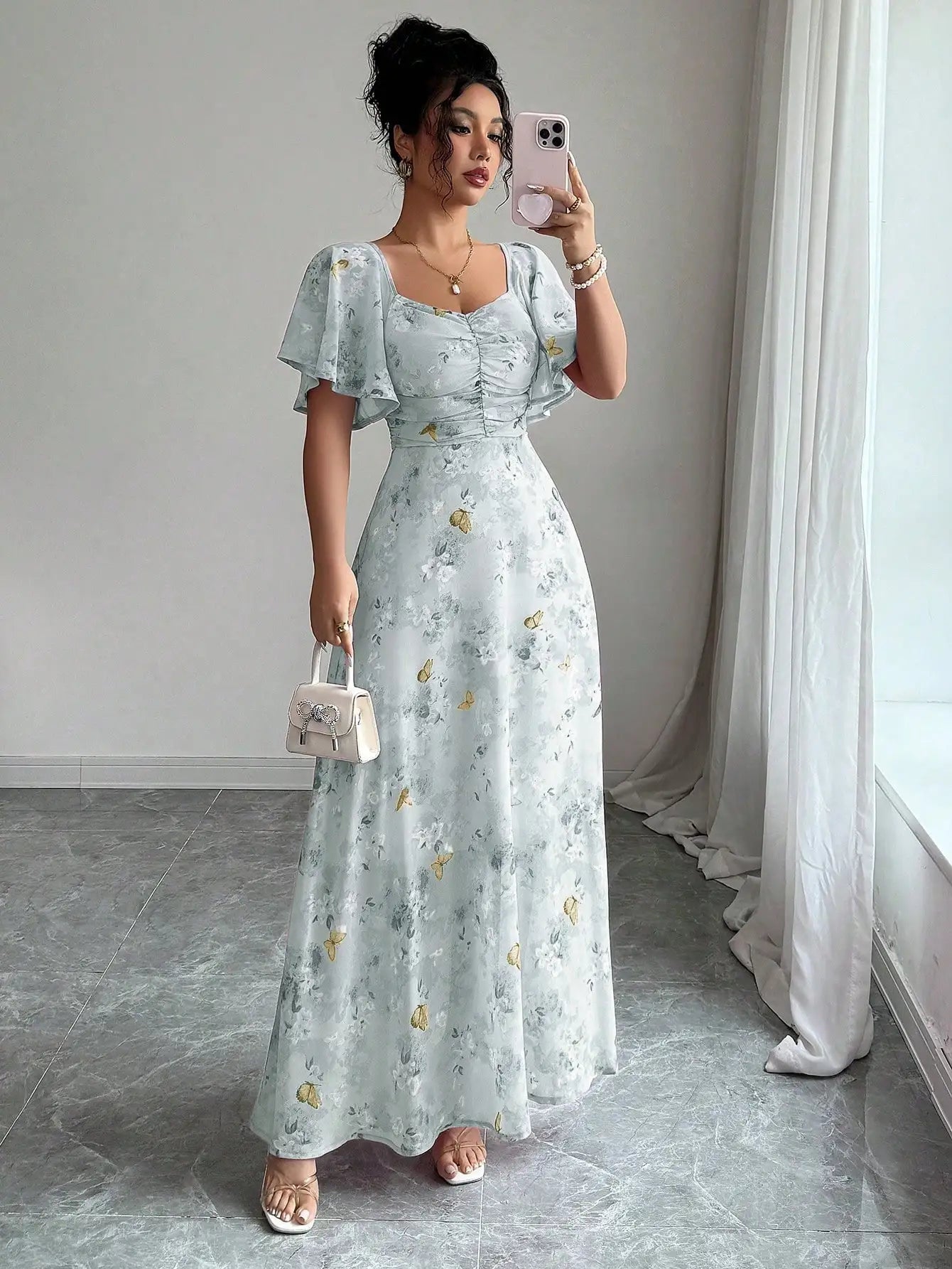 Women's Chiffon Butterfly Print Ruched Square Neck Batwing Sleeve Maxi Dress